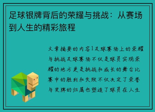 足球银牌背后的荣耀与挑战：从赛场到人生的精彩旅程