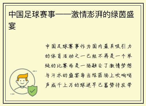 中国足球赛事——激情澎湃的绿茵盛宴