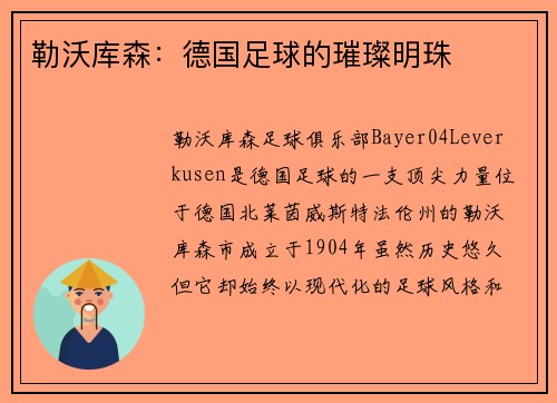 勒沃库森：德国足球的璀璨明珠